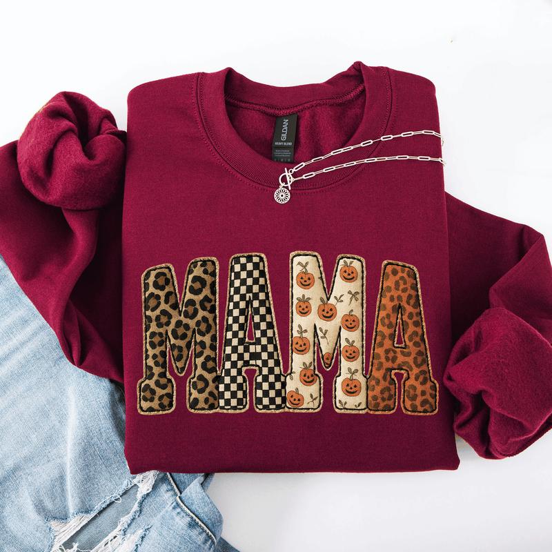 Mama Printed Halloween Pattern Leopard Print Pumpkin Sweatshirt