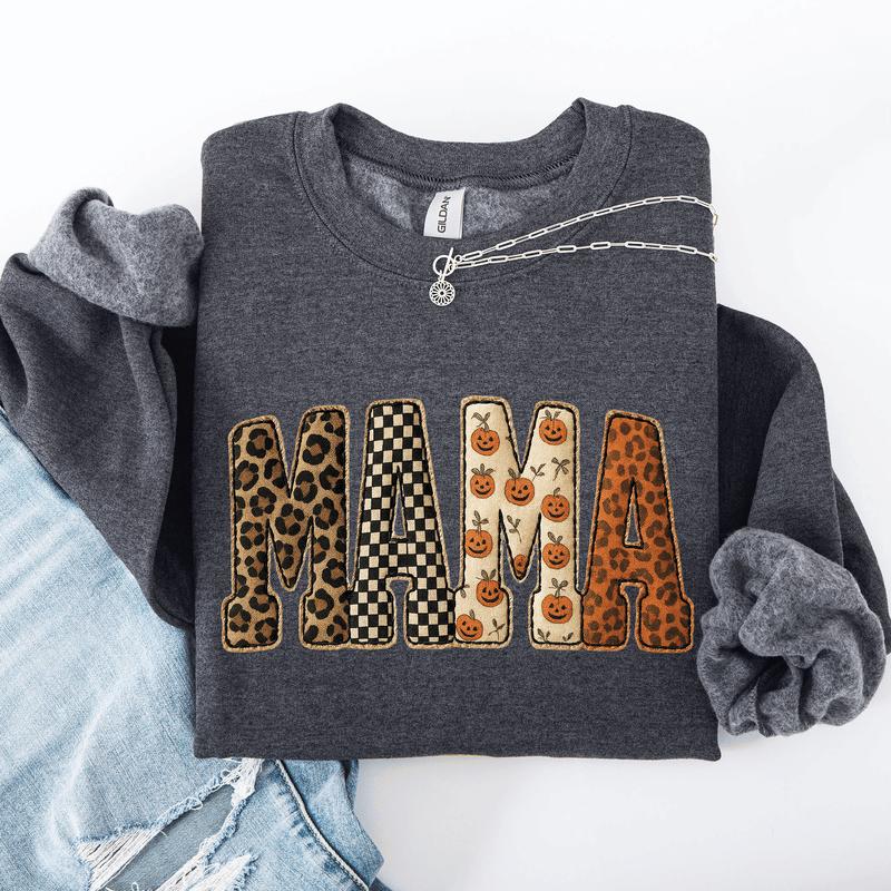 Mama Printed Halloween Pattern Leopard Print Pumpkin Sweatshirt