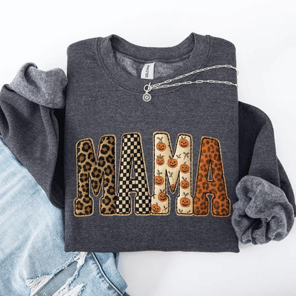 Mama Printed Halloween Pattern Leopard Print Pumpkin Sweatshirt