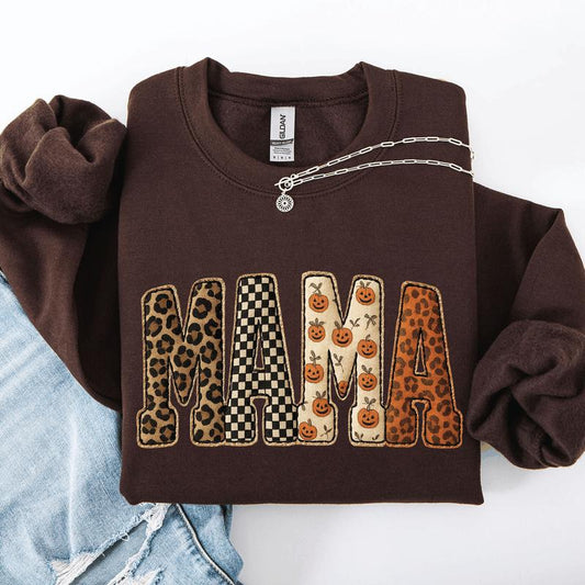 Mama Printed Halloween Pattern Leopard Print Pumpkin Sweatshirt