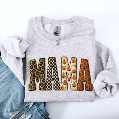 Mama Printed Halloween Pattern Leopard Print Pumpkin Sweatshirt