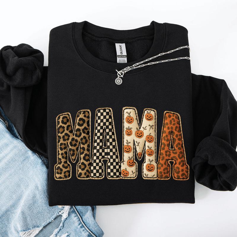 Mama Printed Halloween Pattern Leopard Print Pumpkin Sweatshirt