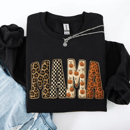 Mama Printed Halloween Pattern Leopard Print Pumpkin Sweatshirt