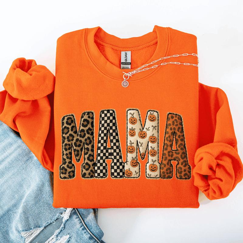 Mama Printed Halloween Pattern Leopard Print Pumpkin Sweatshirt