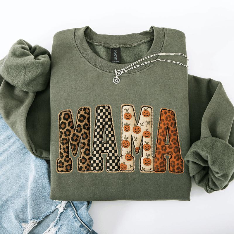 Mama Printed Halloween Pattern Leopard Print Pumpkin Sweatshirt