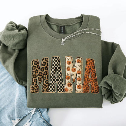Mama Printed Halloween Pattern Leopard Print Pumpkin Sweatshirt